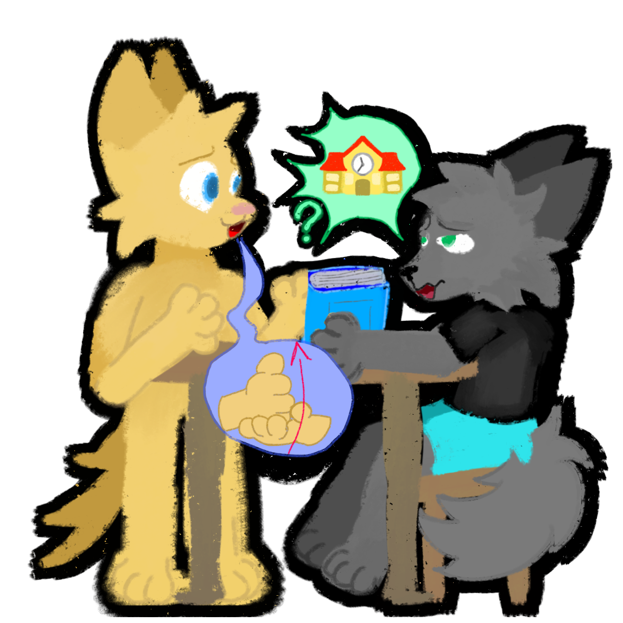 on the right there is a grey wolf sitting at a brown table, on the left side there is a yellow wolf standing by the table,by, there is a green speech bubble with spikes coming from the grey wolf with an image of a school, there is a blue speech bubble from the other wolf replying with the ASL symbol for help.